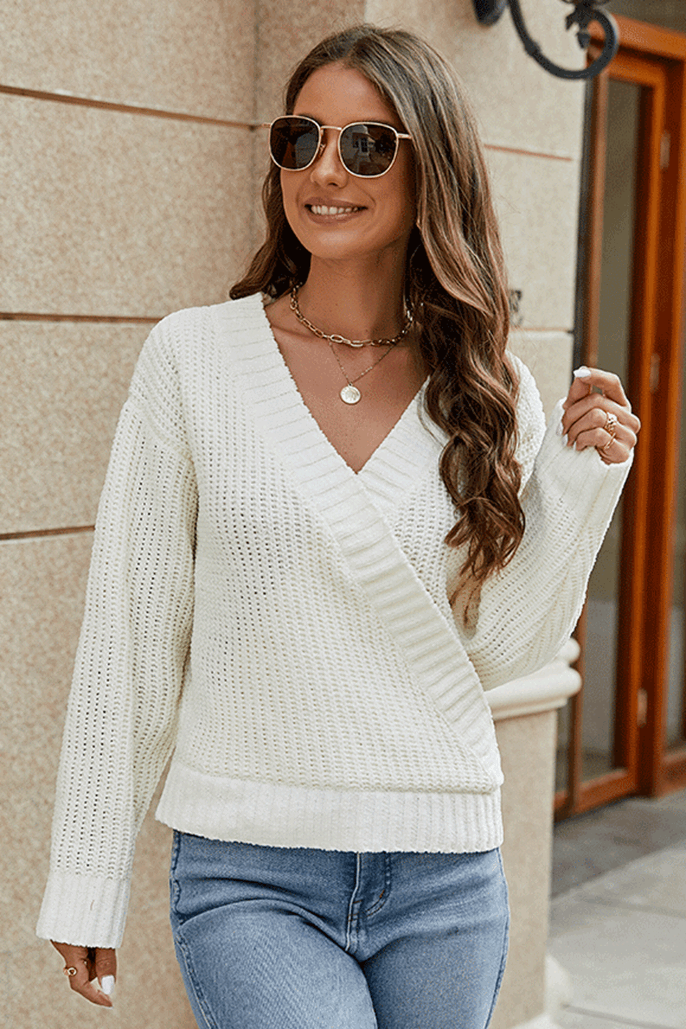 Stylish Surplice Long Sleeve Sweater - MARIGOLD