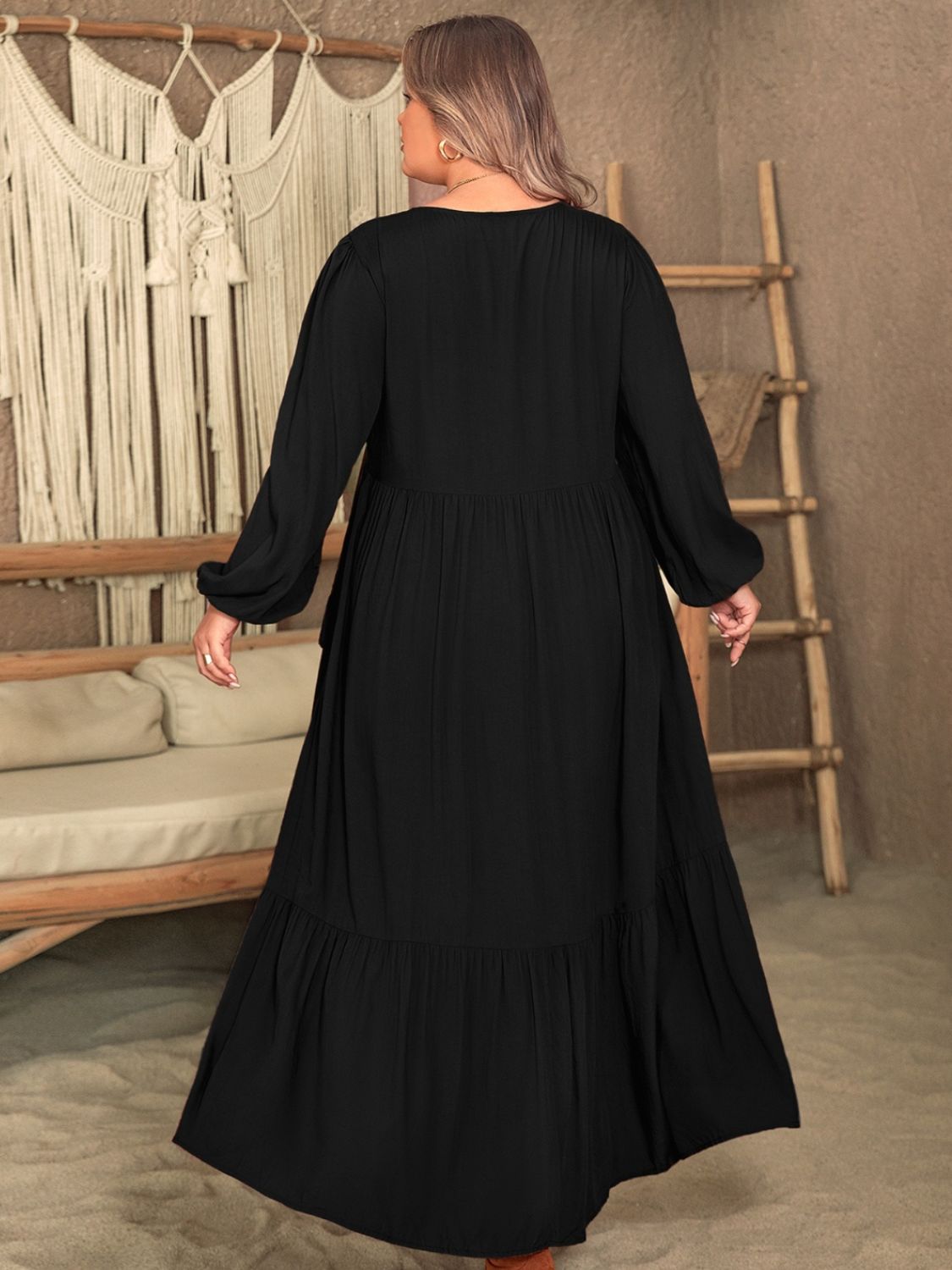 Plus Size Ruffled V-Neck Long Sleeve Dress - MARIGOLD