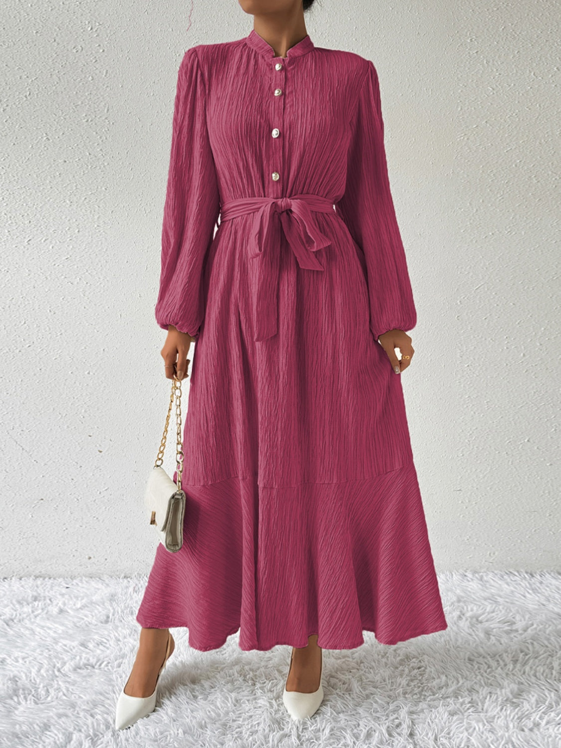 Belted Button Front Long Sleeve Maxi Dress - MARIGOLD
