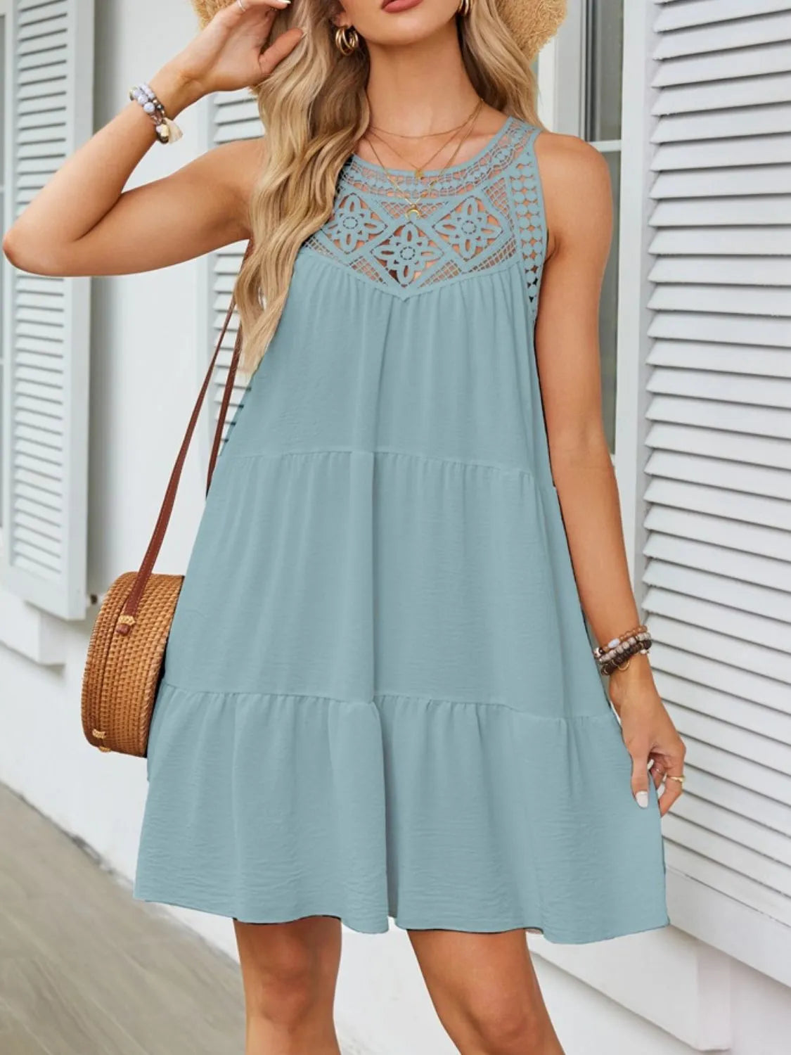 Lace Neckline Tiered Mini Dress - MARIGOLD