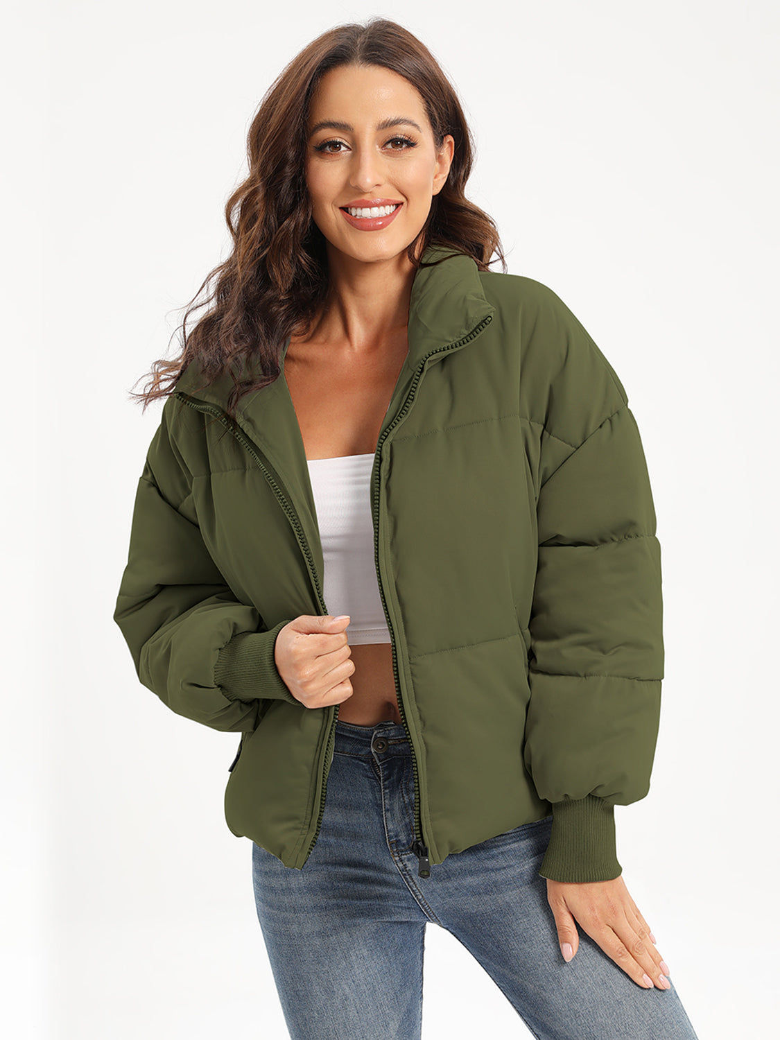 Zip Up Turtleneck Long Sleeve Puffer Jacket - MARIGOLD