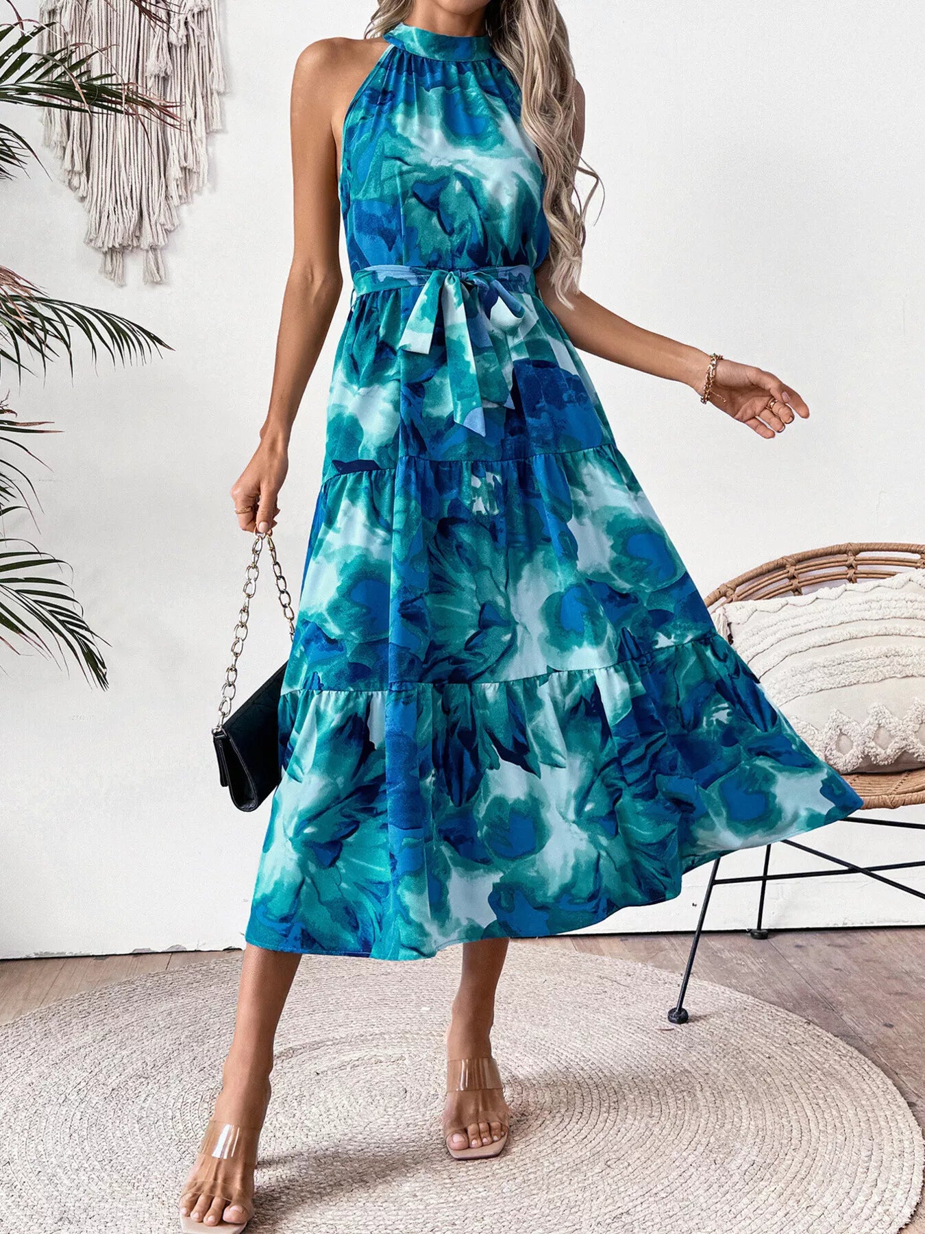 Abstract Floral Print Halter Neck Midi Dress