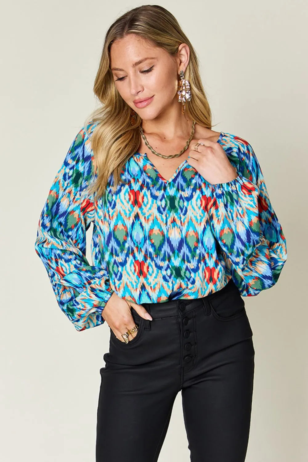 Abstract Print Balloon Sleeve Blouse