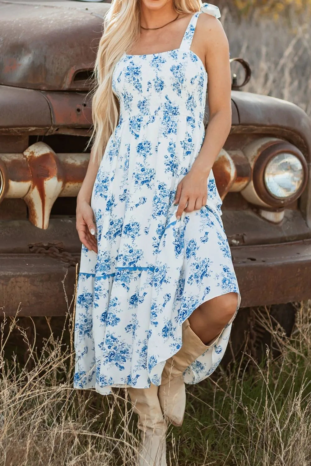 Blue Floral Tie Shoulder Midi Dress