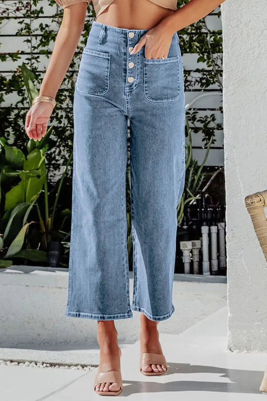 Button Fly Cropped Wide Leg Jeans light blue