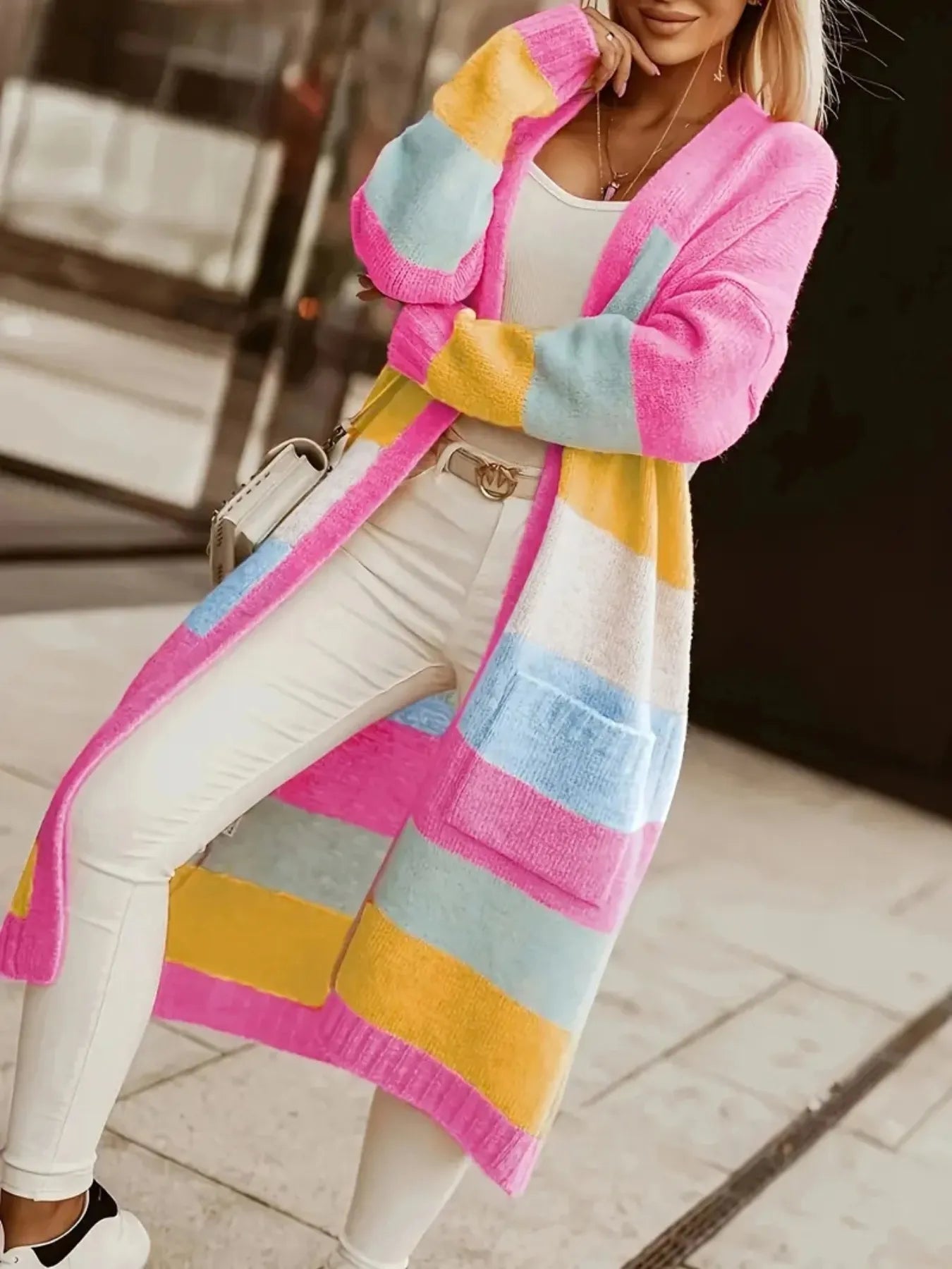 Color Block Open Front Long Cardigan