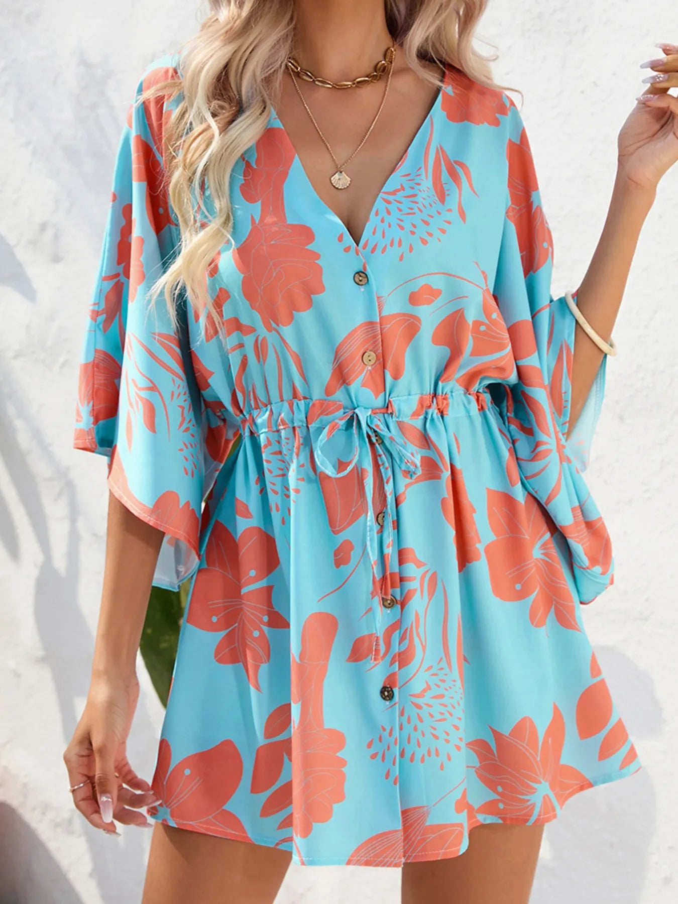 Flare Sleeve Button Front Mini Dress blue