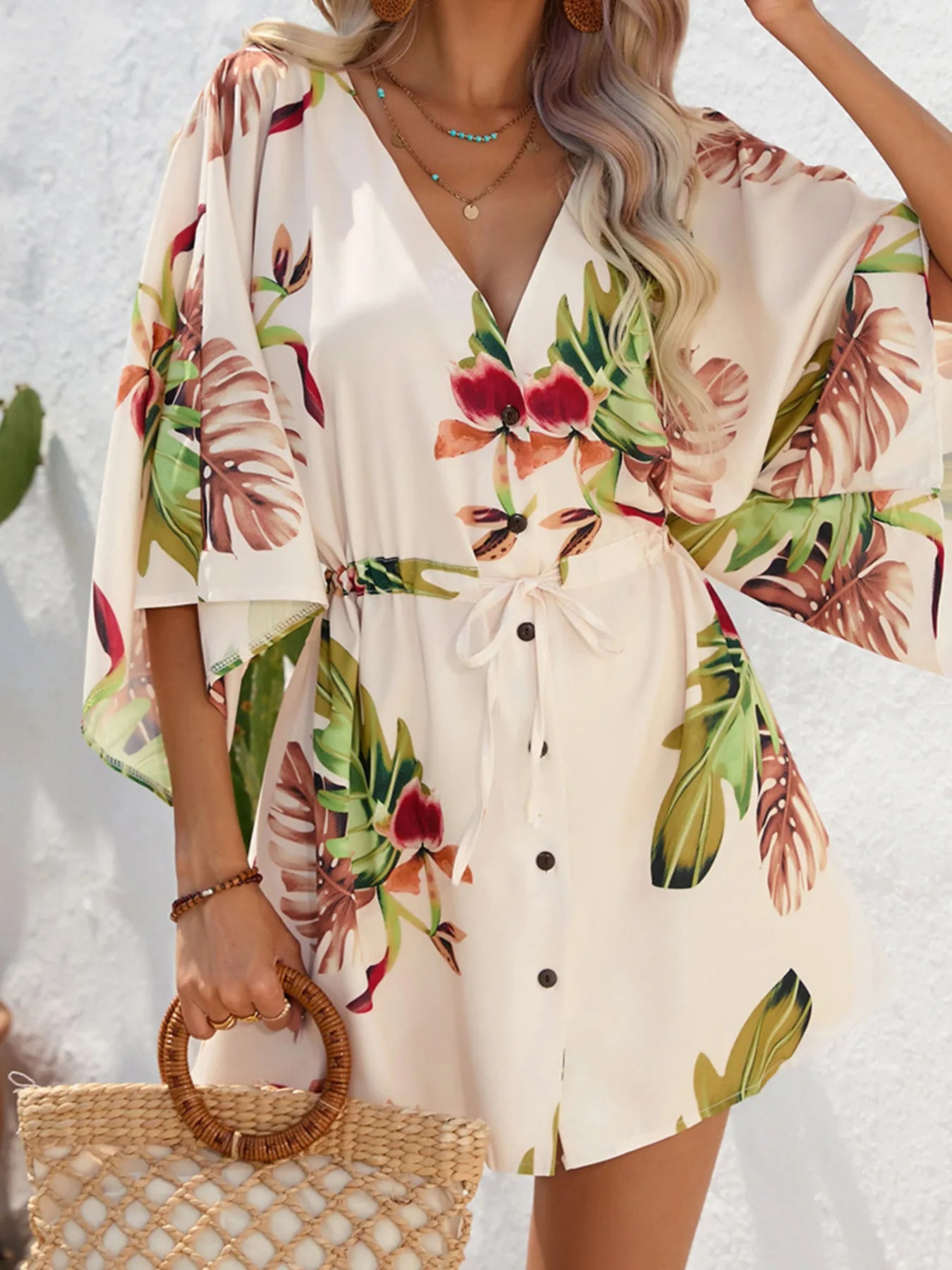 Flare Sleeve Button Front Mini Dress tan