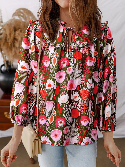 Floral Balloon Sleeve Tie Neck Blouse