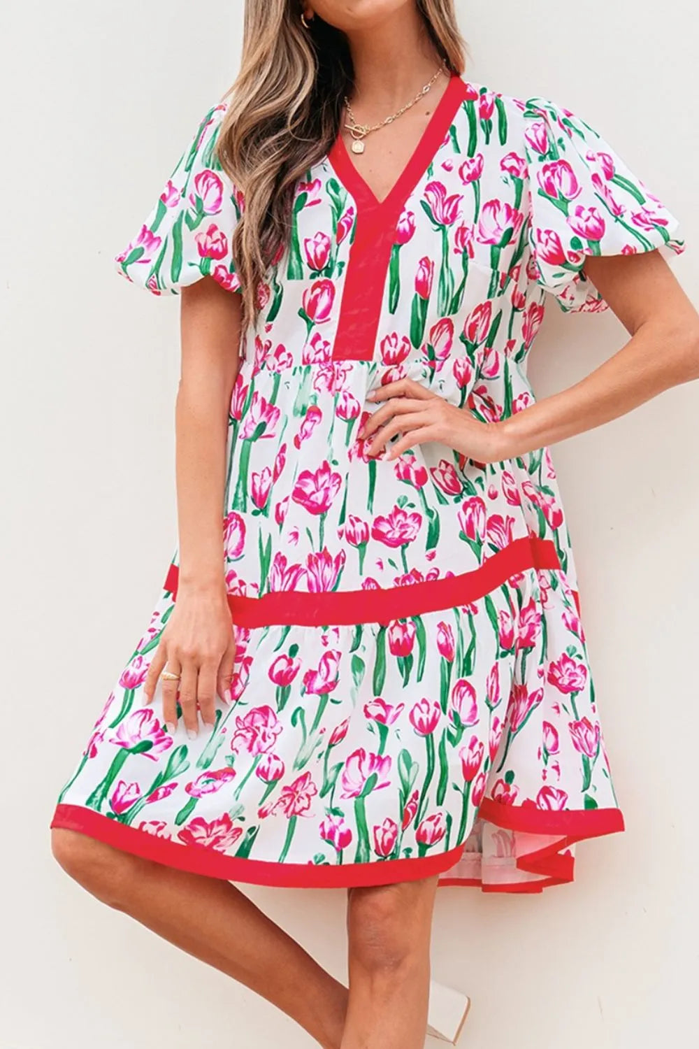 Floral Bubble Short Sleeve Babydoll Dress