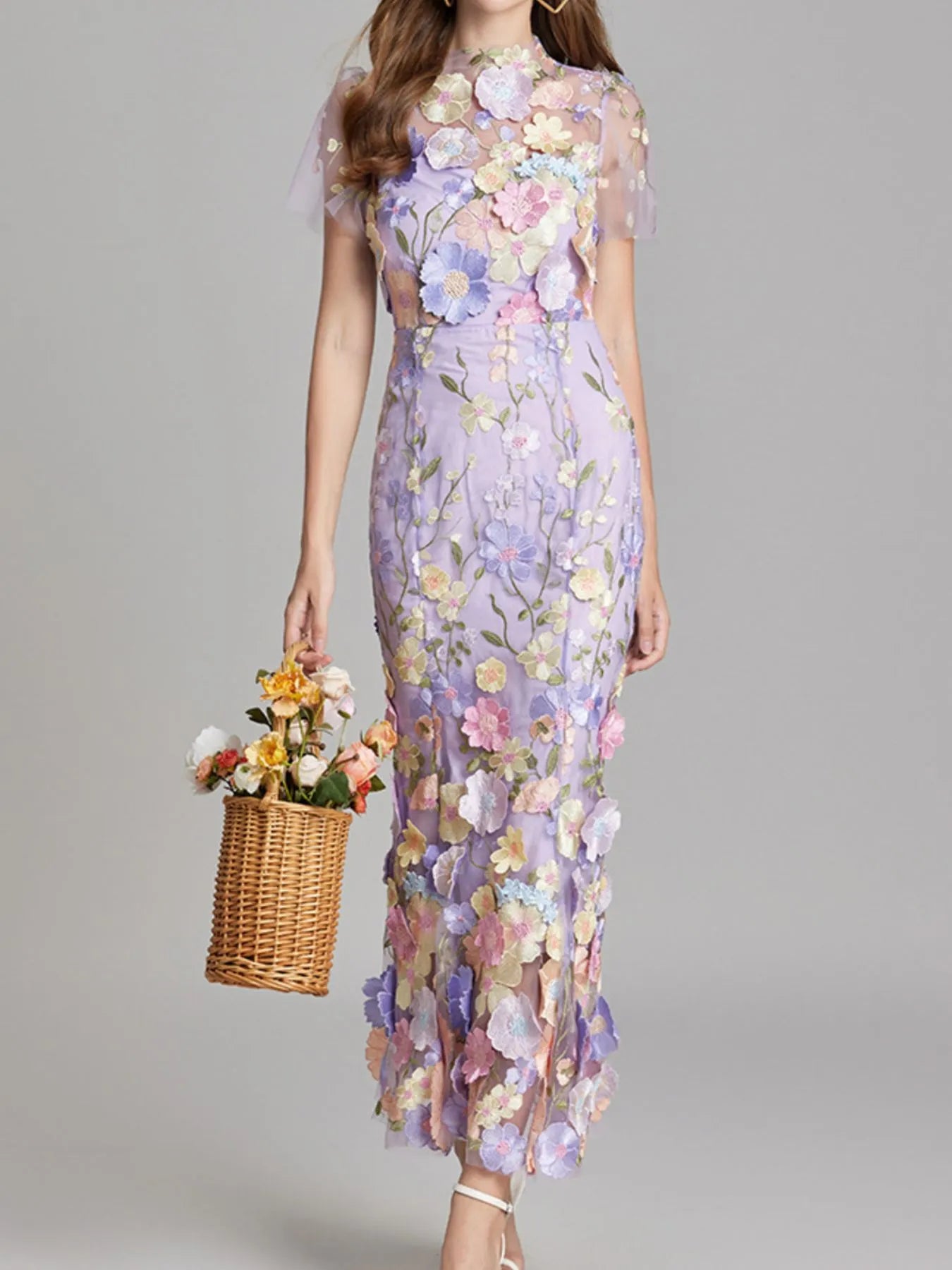 Floral Embroidered Mesh Overlay Maxi Dress violet