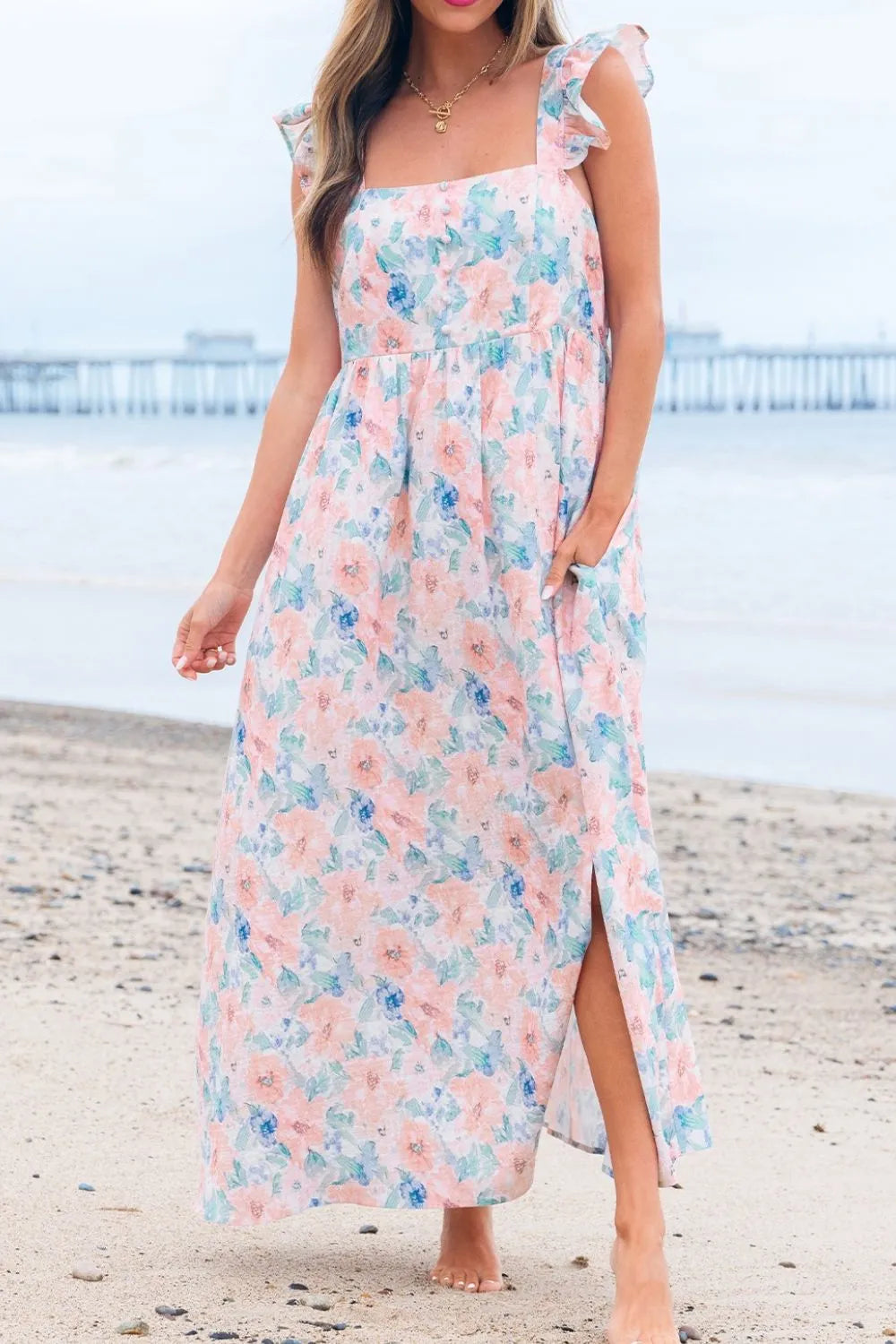 Floral Flutter Sleeve Backless Maxi Dress