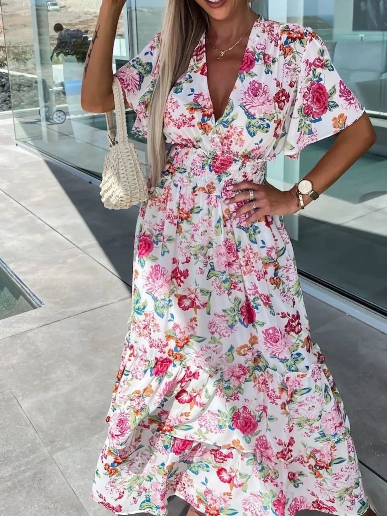 Floral Print Flutter Sleeve Maxi Dress white