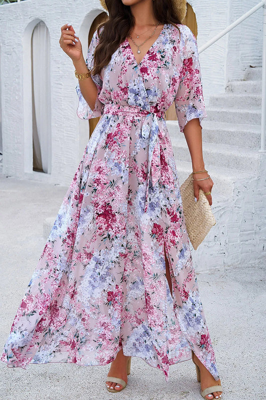 Floral Print Half Sleeve Belted Maxi Dress blush pink