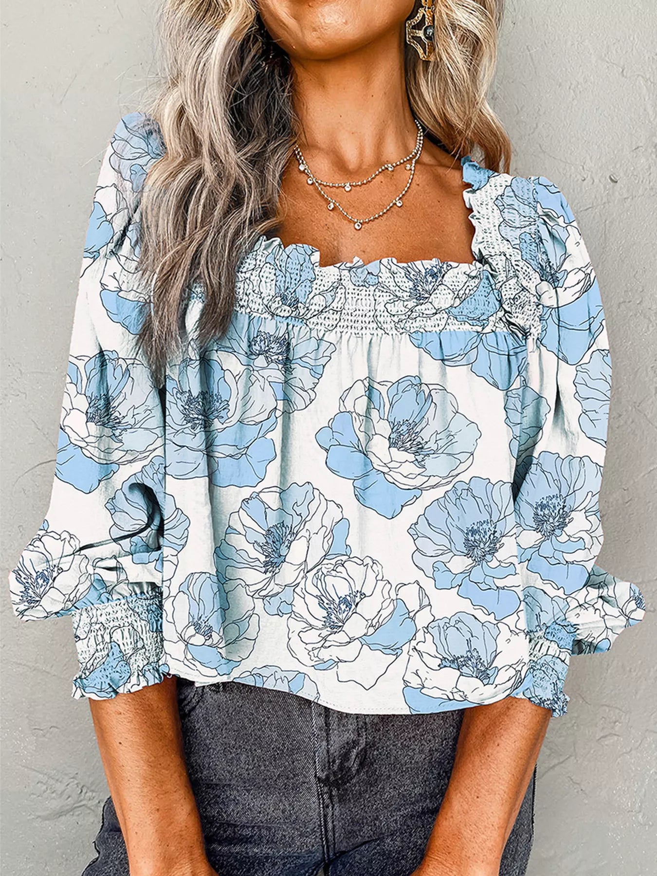 Floral Print Smocked Long Sleeve Blouse