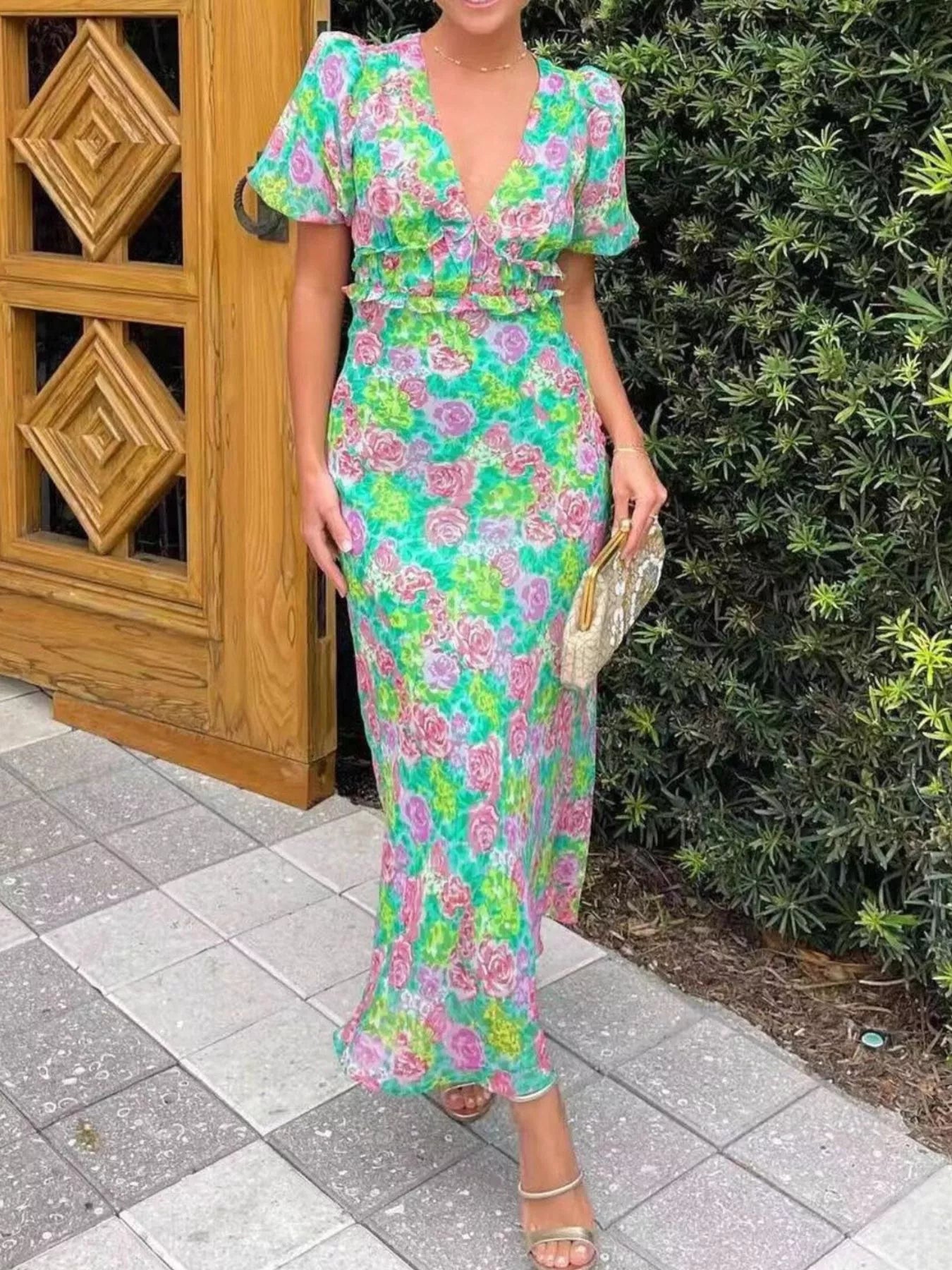 Floral Print V-Neck Puff Sleeve Midi Dress green