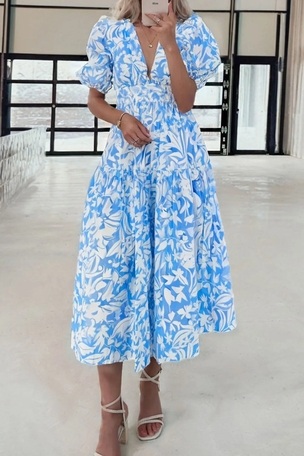 Floral Puff Short Sleeve Midi Dress