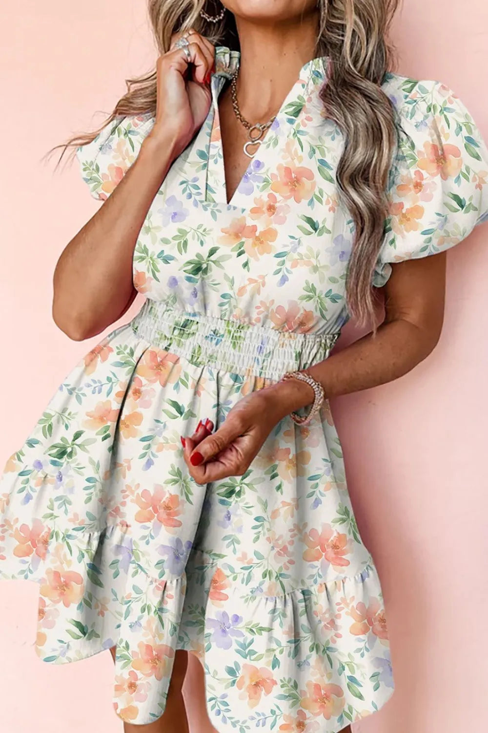 Floral Puff Sleeve Ruffle Hem Mini Dress