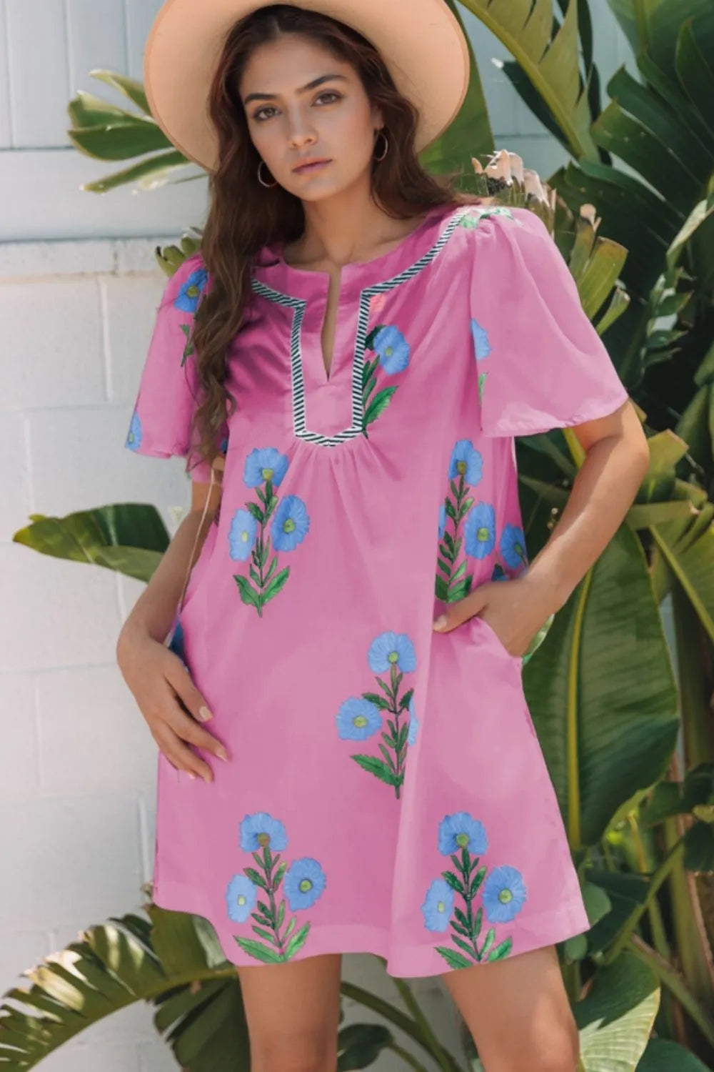 Floral Striped Trim Mini Dress pink