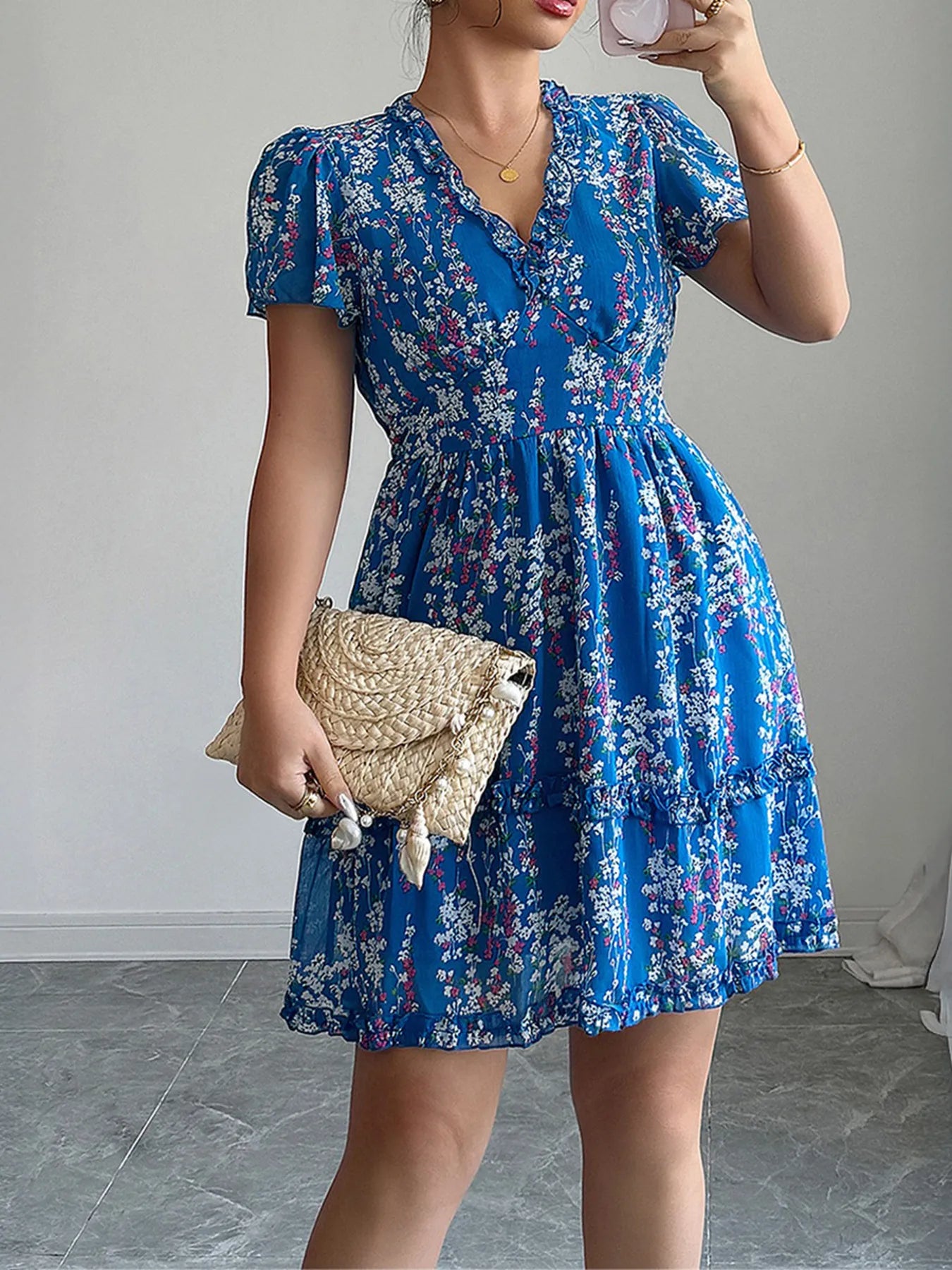 Frill V-neck Floral Mini Dress blue
