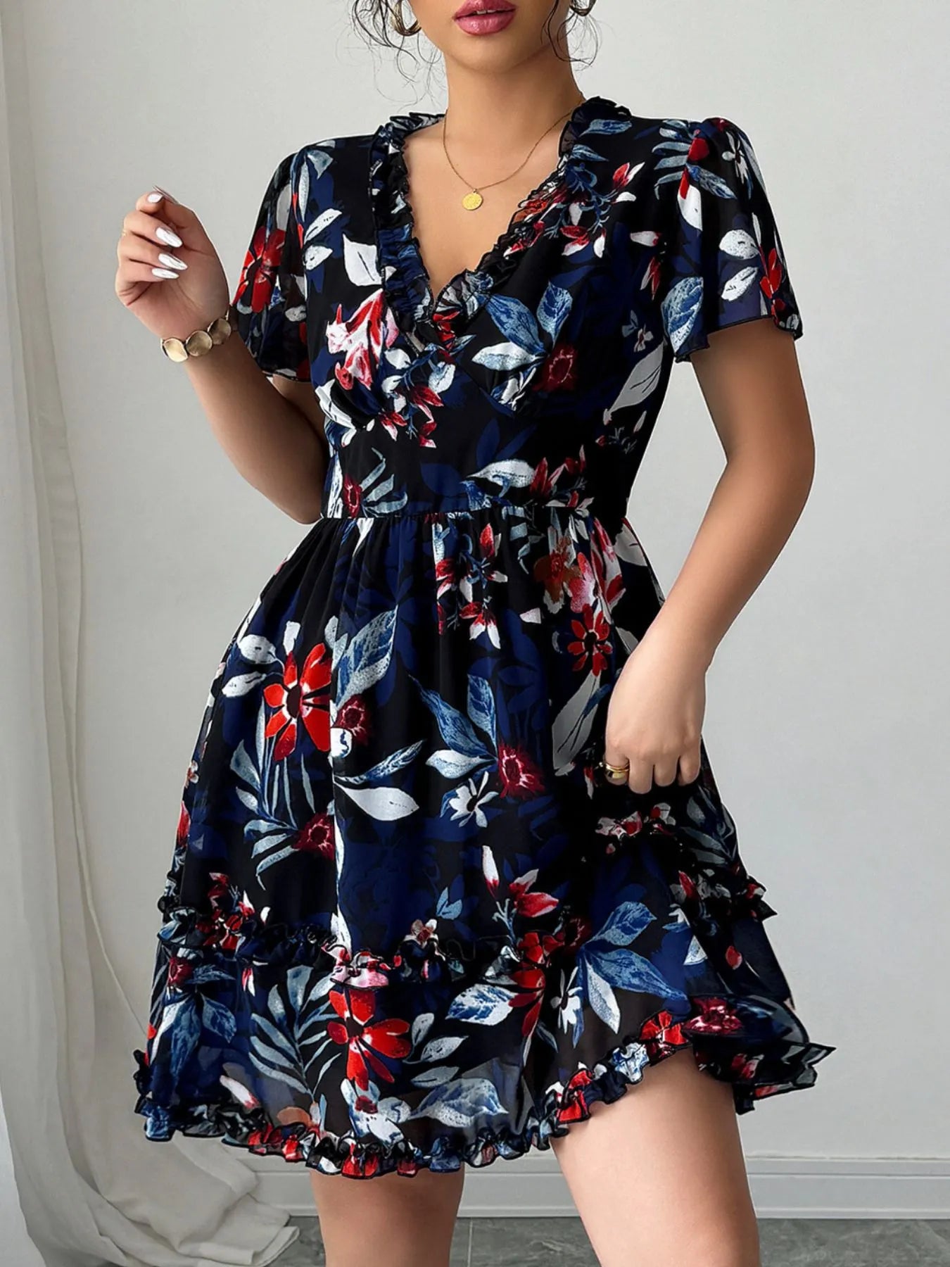 Frill V-neck Floral Mini Dress navy
