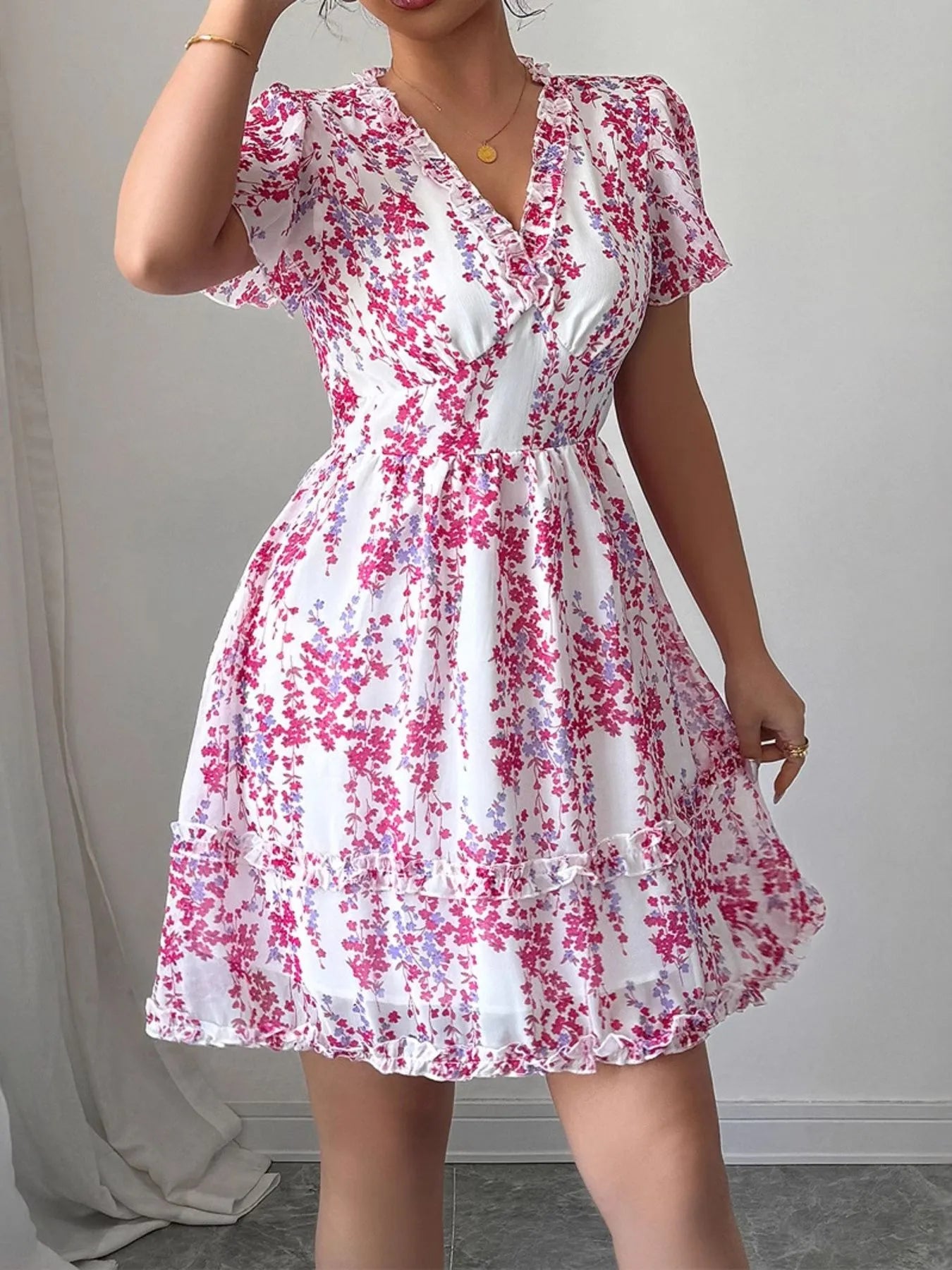 Frill V-neck Floral Mini Dress pink