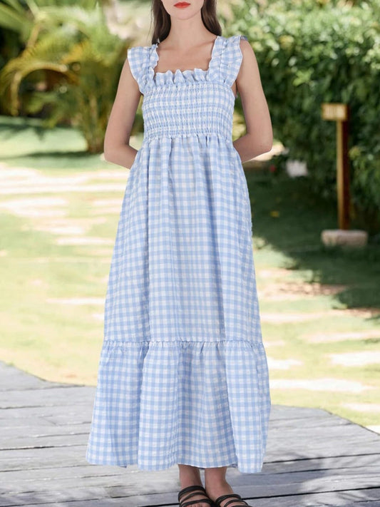 Gingham smocked midi dress with ruffle sleeves by Marigold Collections Australia, featuring a classic checkered pattern and feminine design.