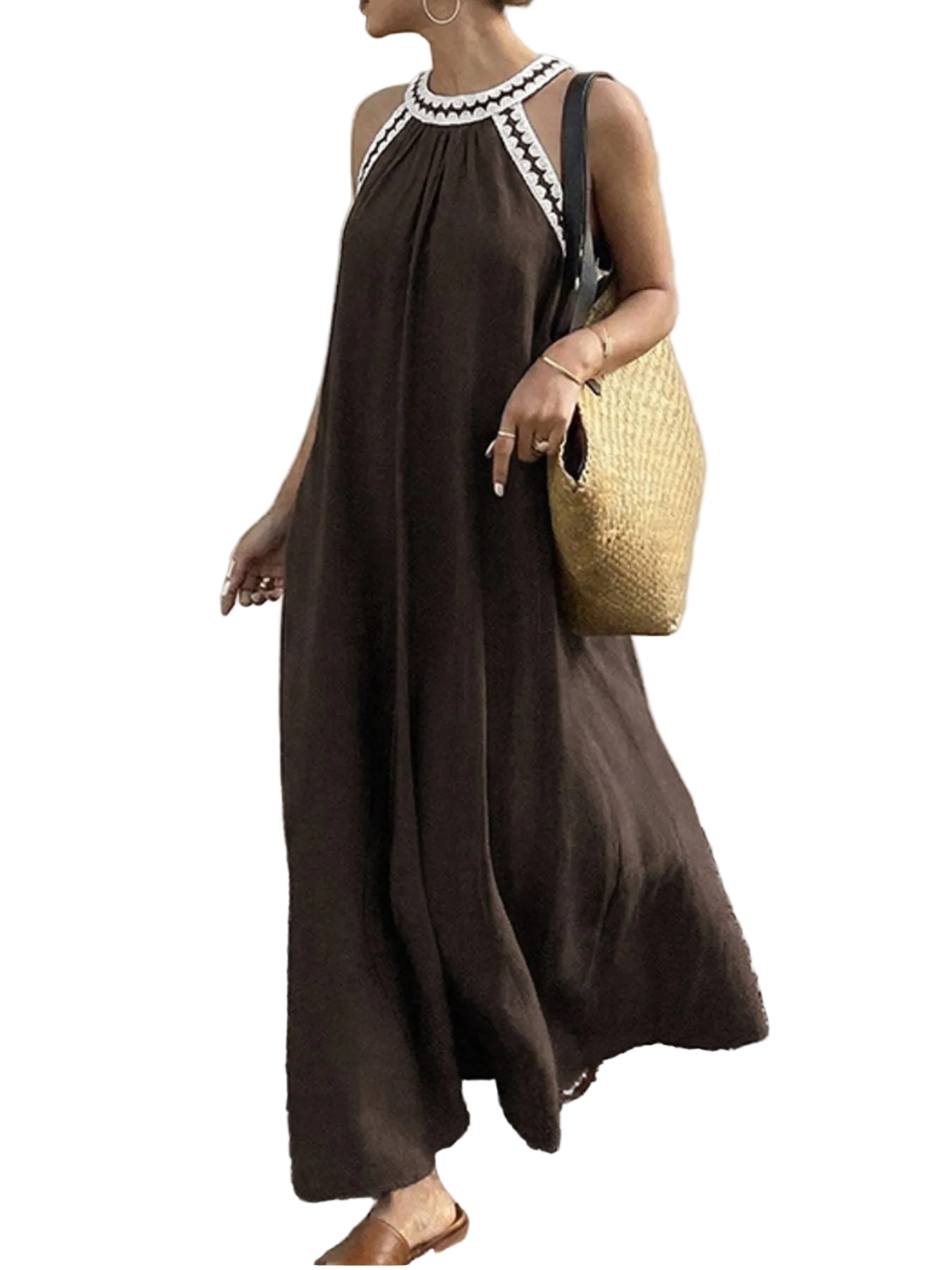 Grecian Neck Crochet Trim Maxi Dress