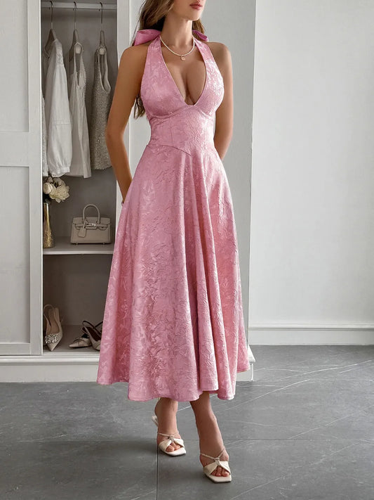 Halter A-Line Lace Up Back Midi Dress blush pink