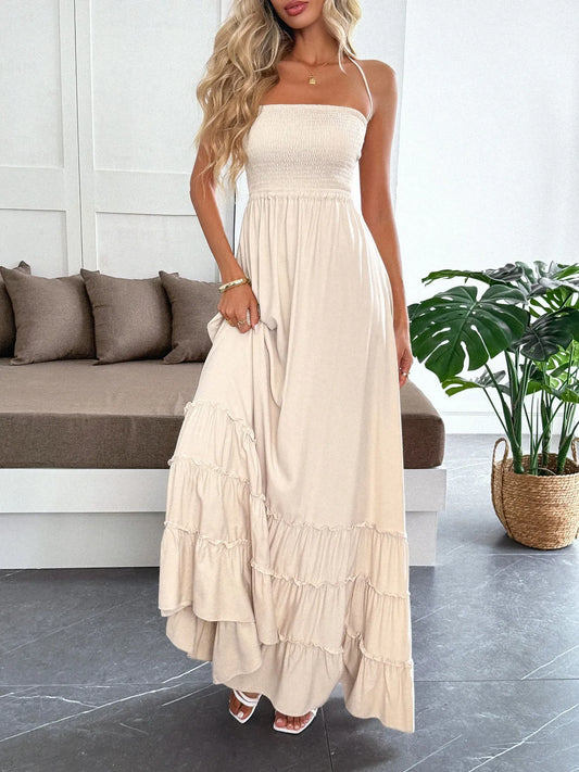 Halter Neck Backless Tiered Maxi Dress