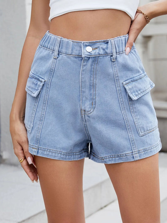 High Waist Cargo Denim Shorts light blue