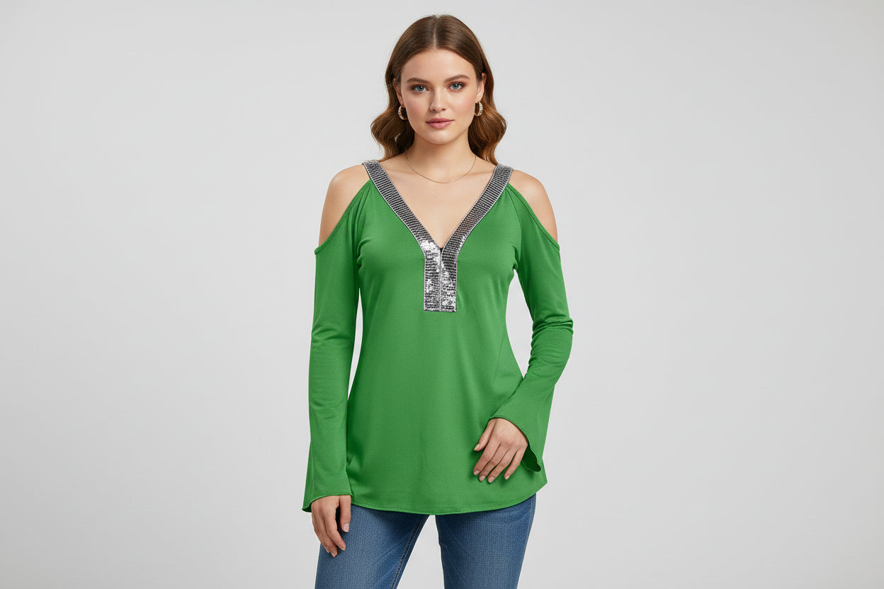 Sequin V-Neck Cold Shoulder Top - MARIGOLD COLLECTIONS AUSTRALIA