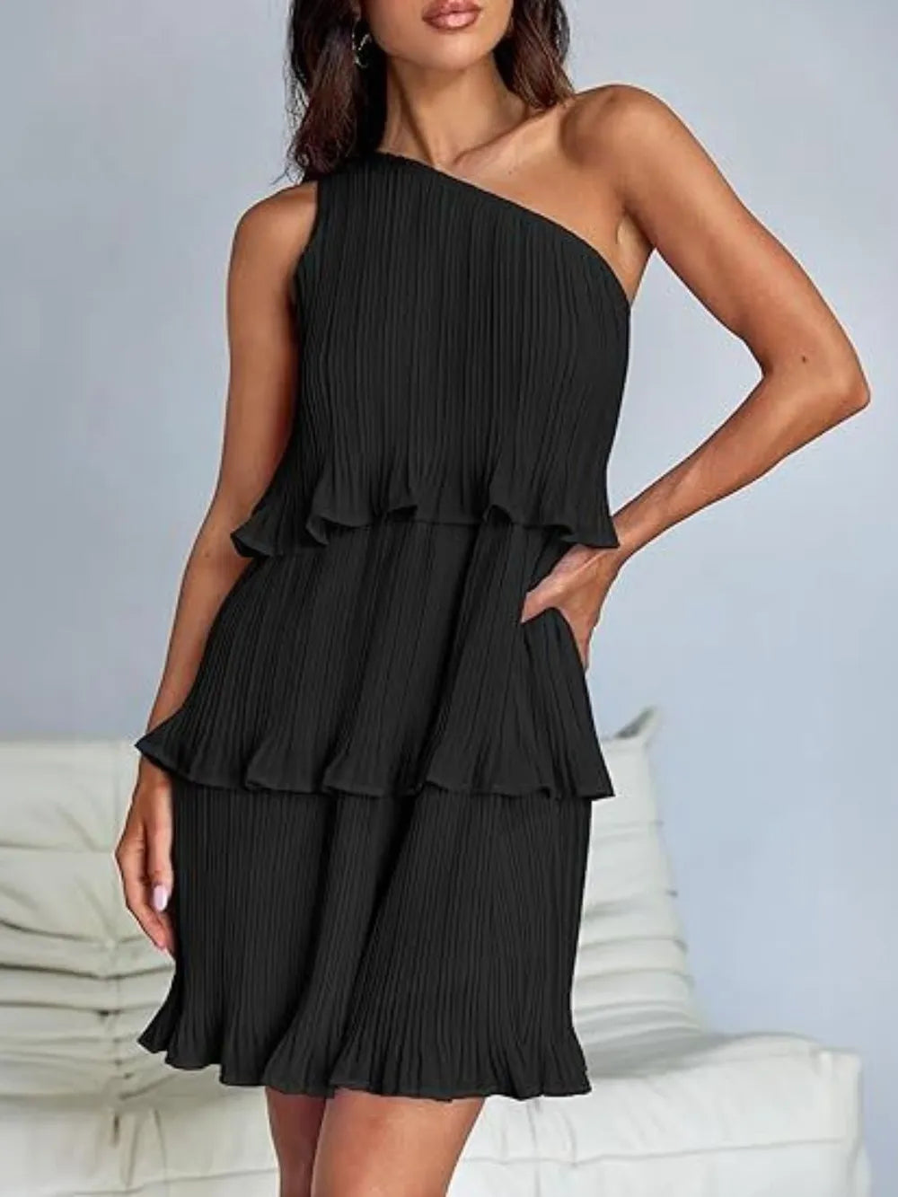 Layered Single Shoulder Mini Dress black