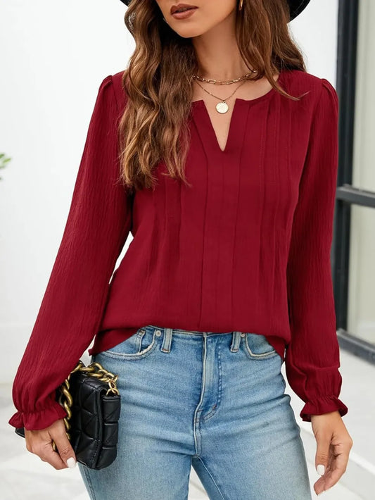 Notched Flounce Sleeve Blouse burgundy