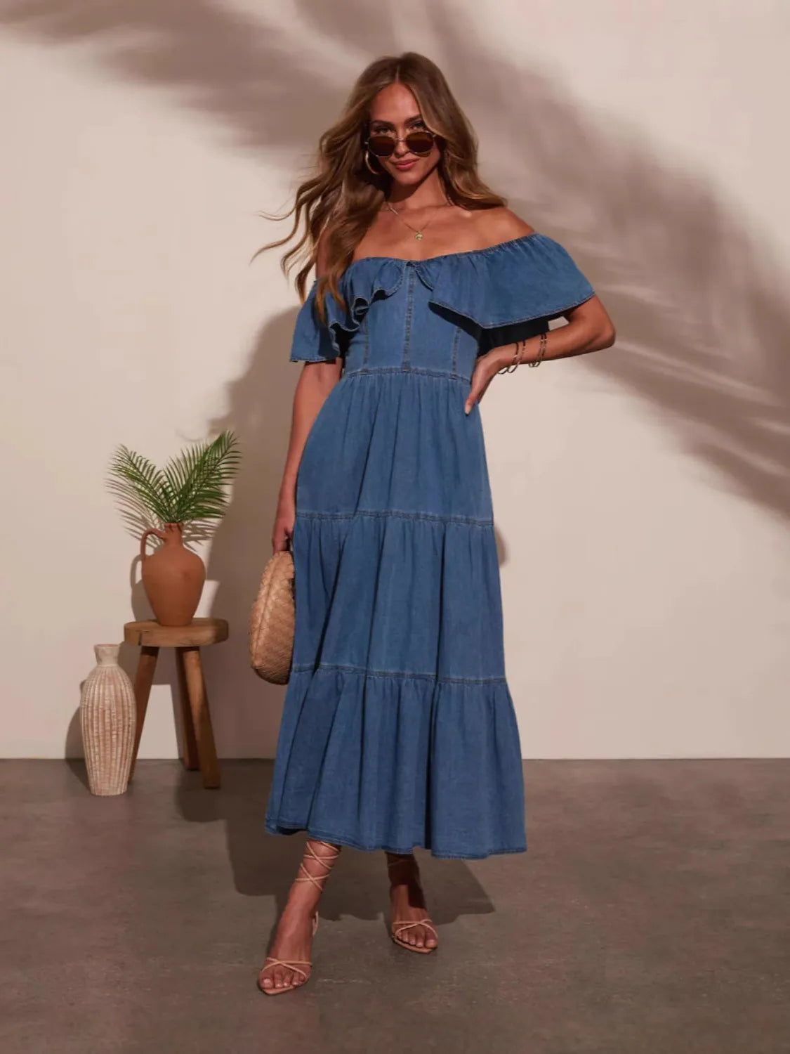 Off Shoulder Tiered Denim Midi Dress