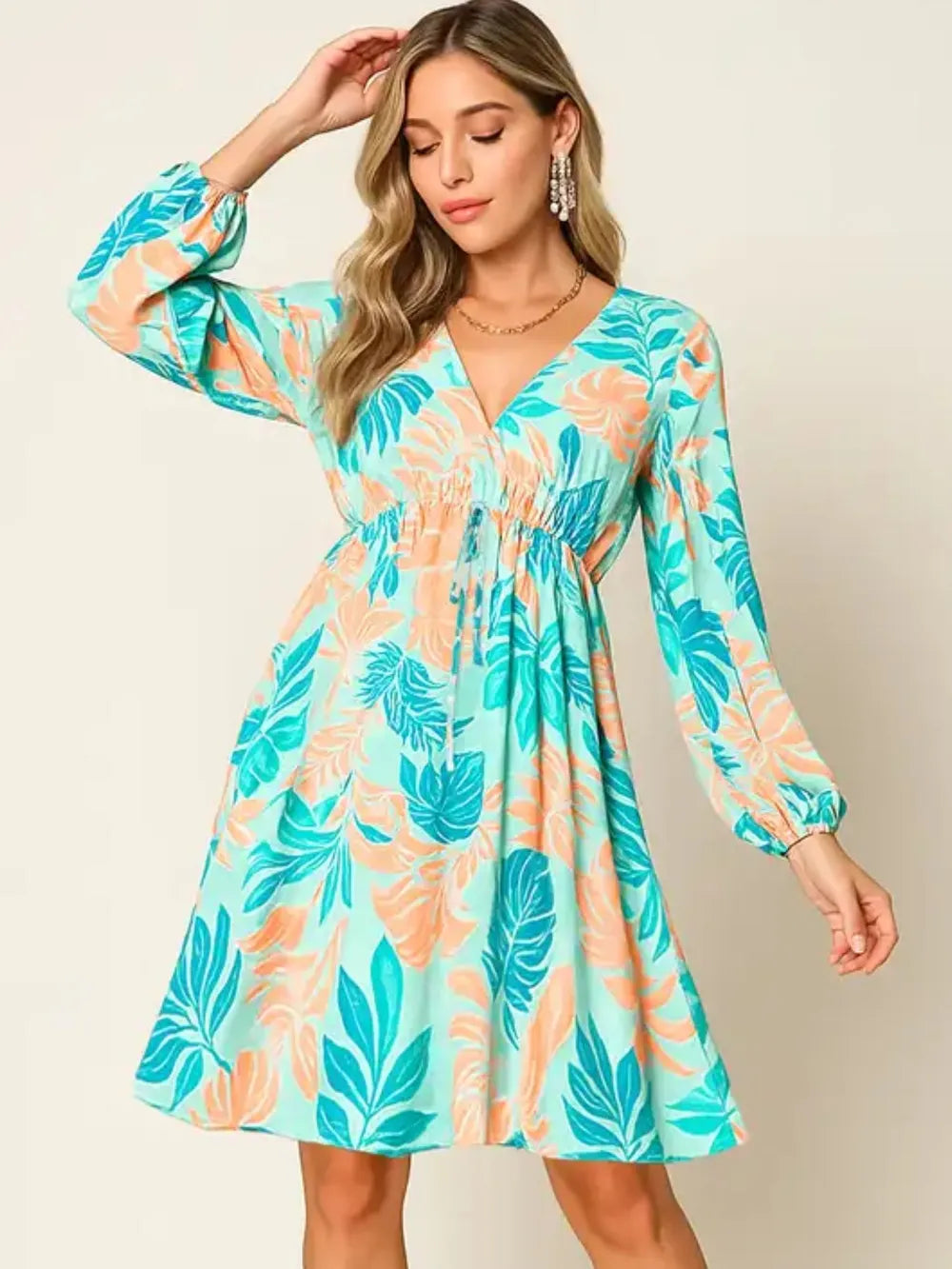 Palm Print Long Sleeve Surplice Dress