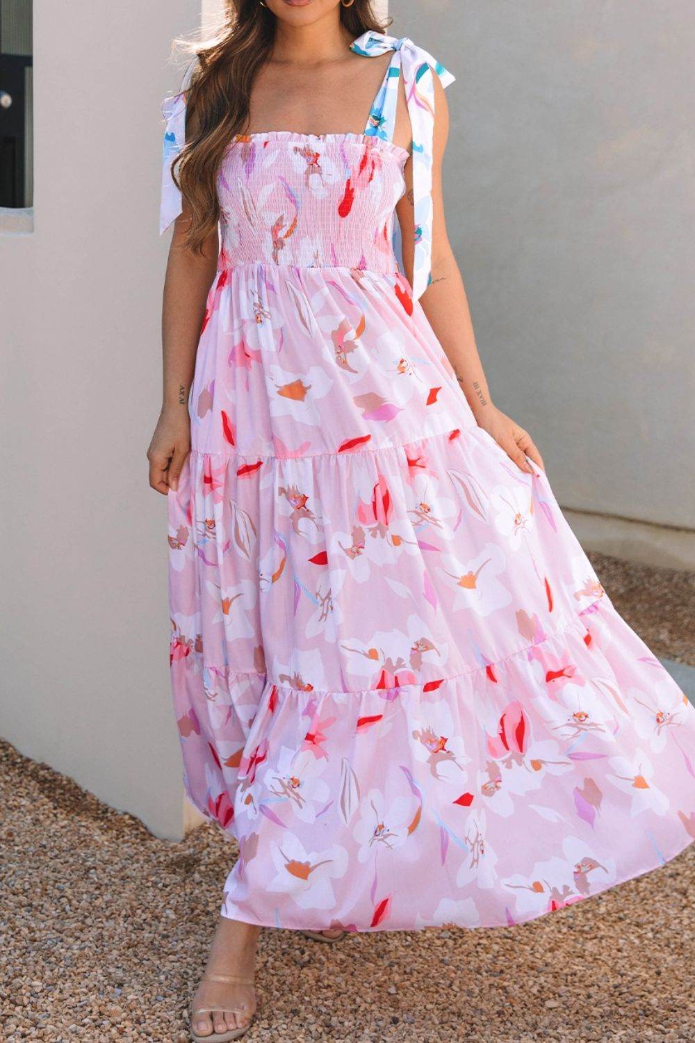 Pink Floral Tie-Shoulder Maxi Dress