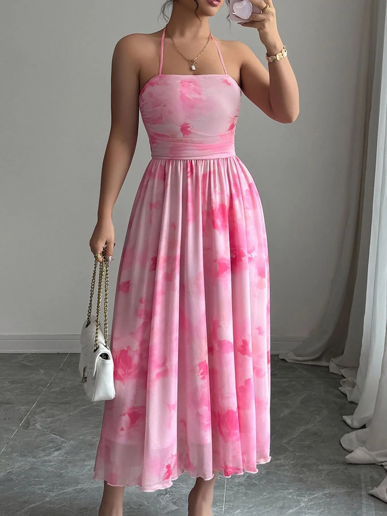 Pink Halter Neck Midi Dress