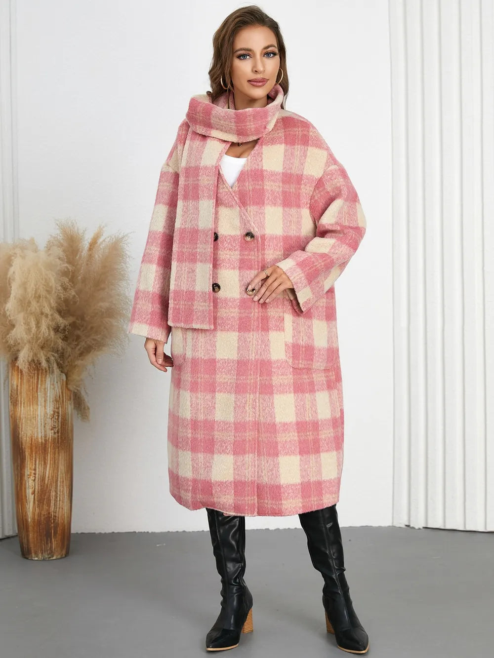 Plaid Button Up Long Sleeve Coat coral