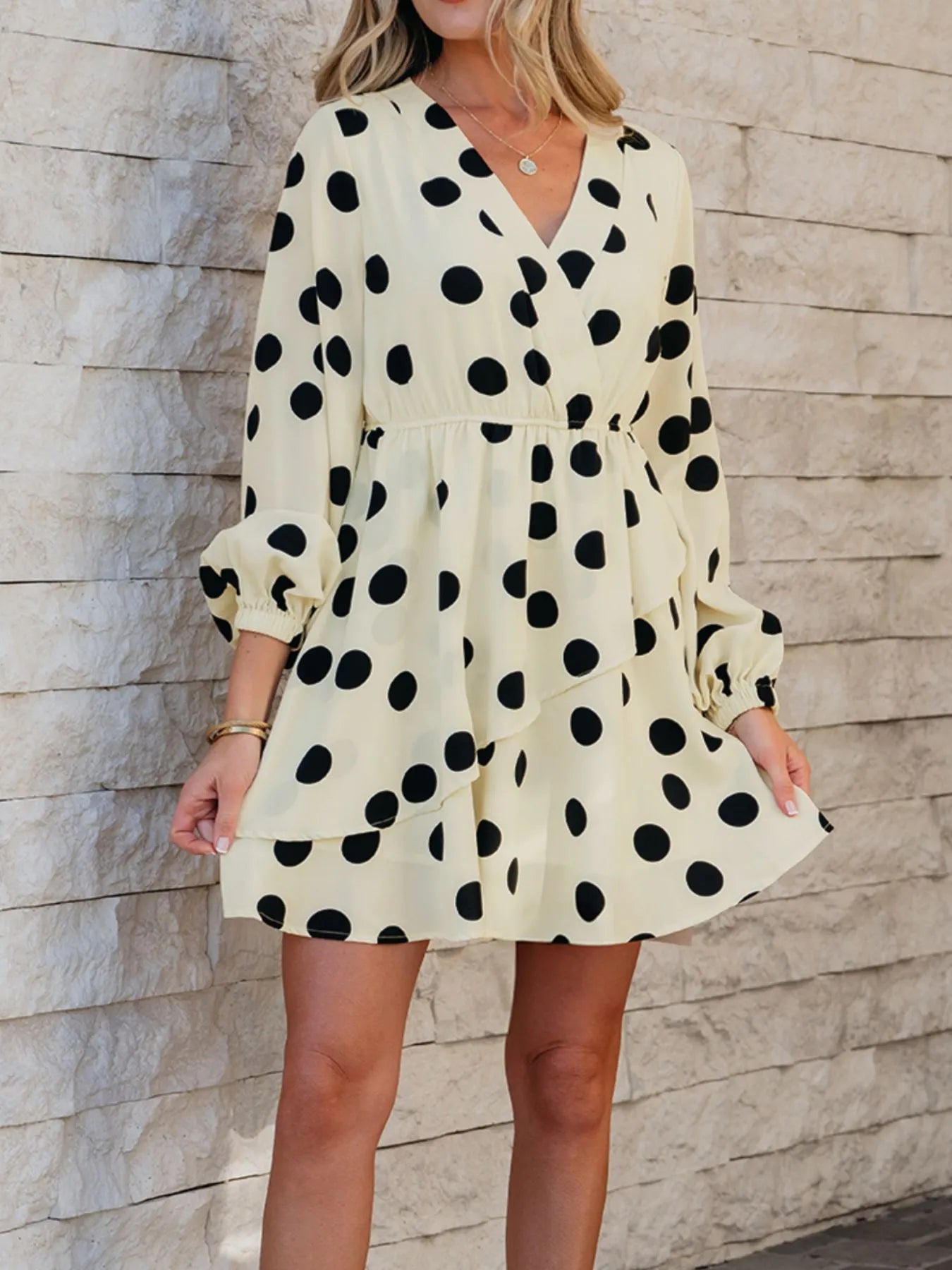 Polka Dot Surplice Puff Sleeve Mini Dress