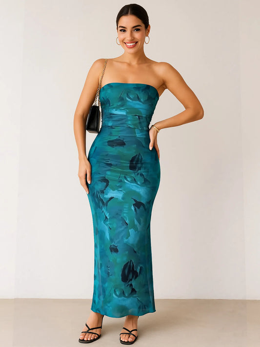 Printed Side Slit Tube Dress blue