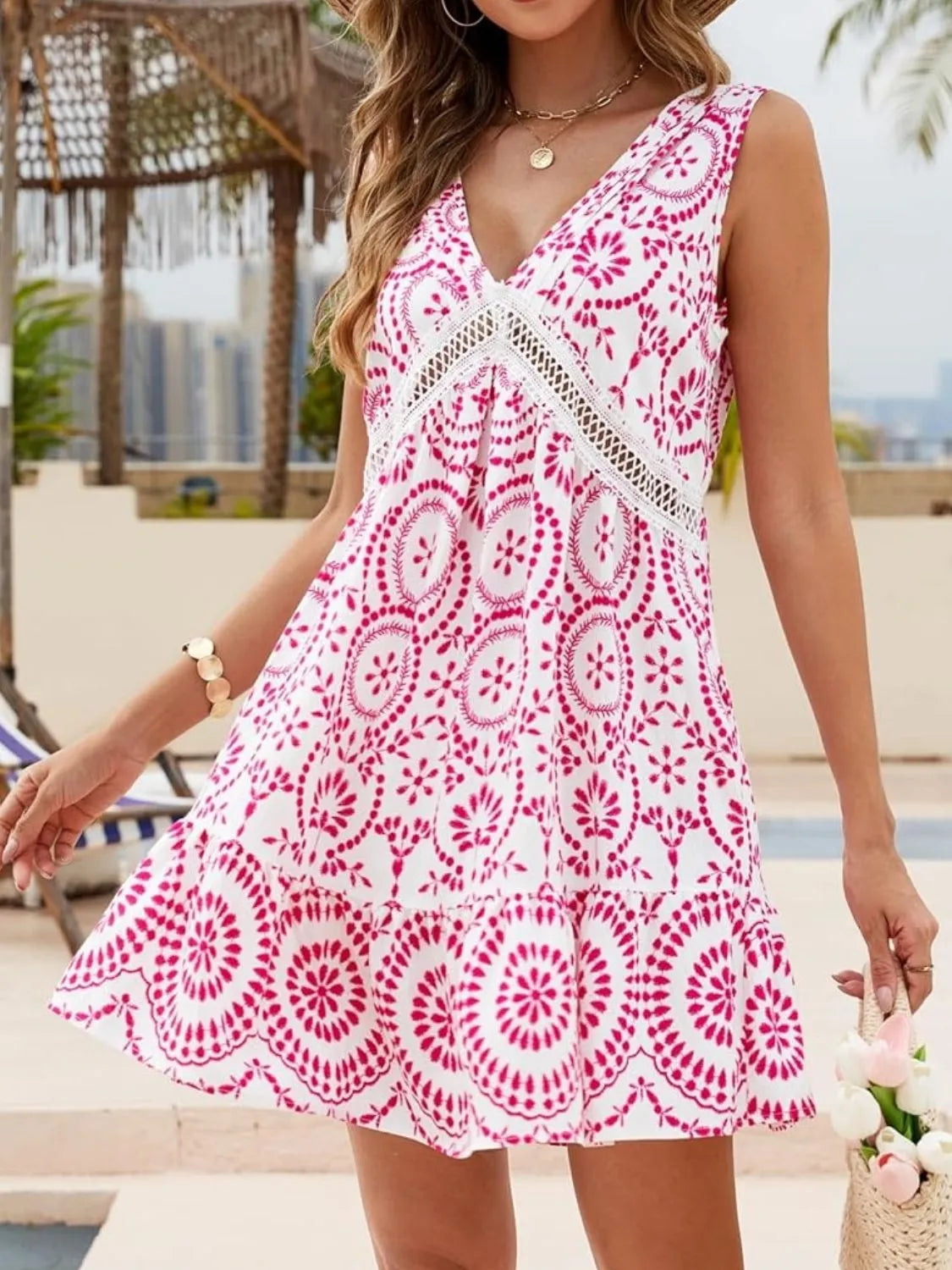 Printed V-Neck Sleeveless Mini Dress pink