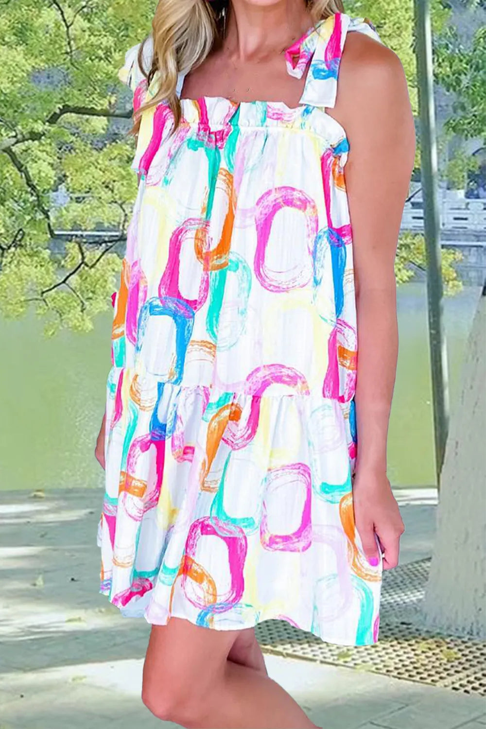 Rainbow Shoulder Tie Mini Dress