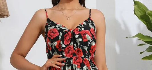 Rose Floral Midi Dress - Sweetheart Neckline Summer Party Dress