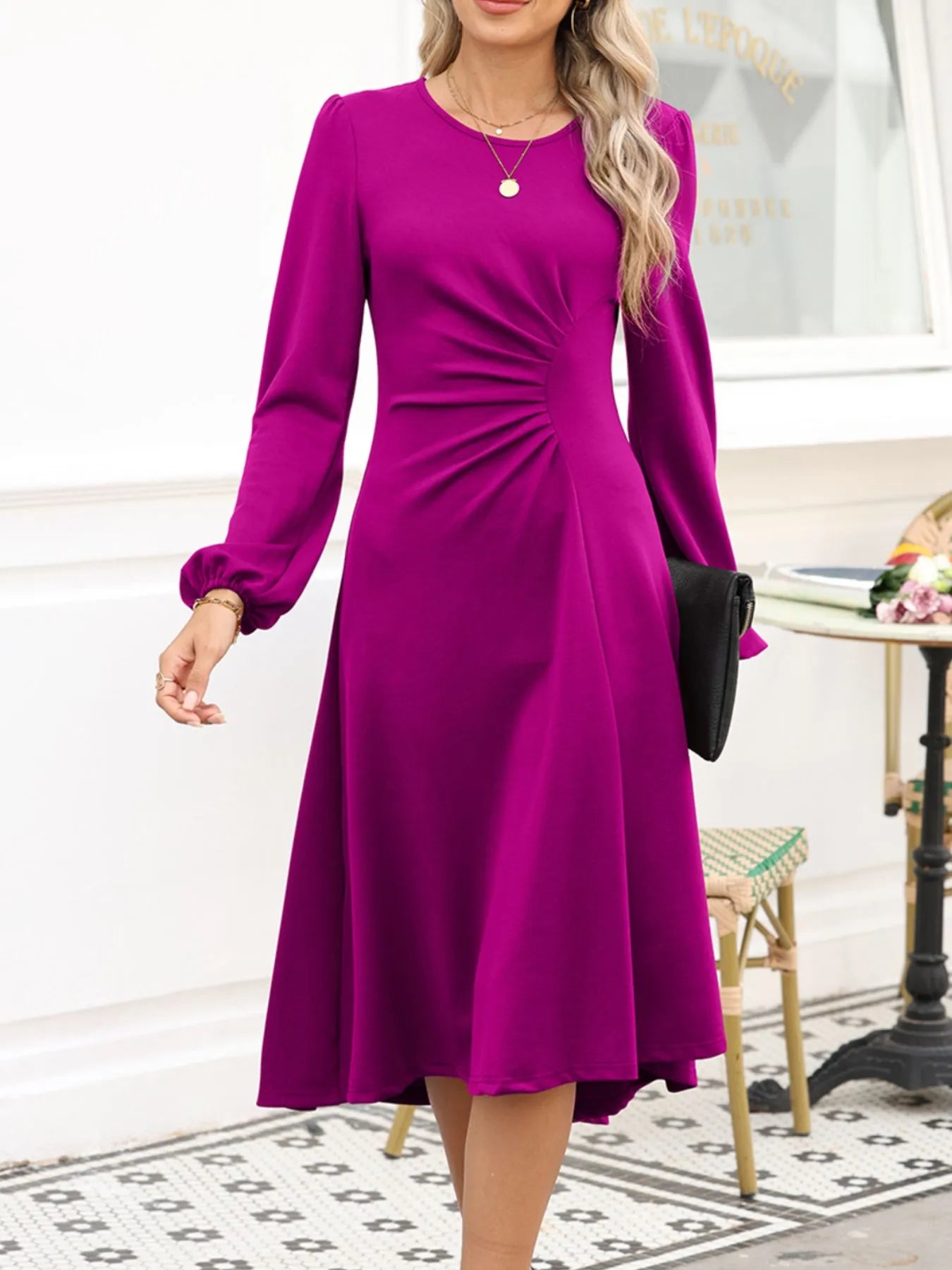 Ruched Detail Long Sleeve Midi Dress