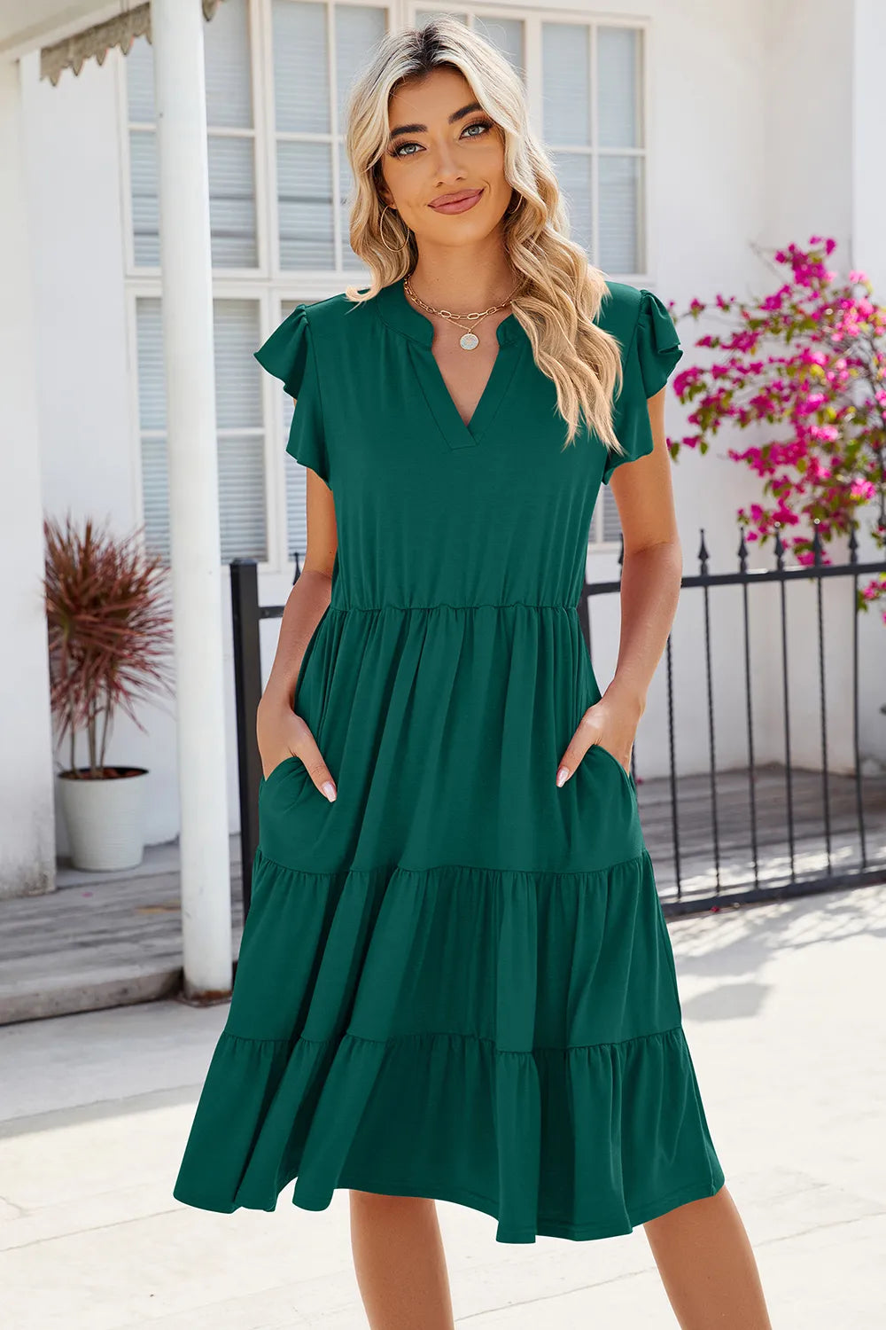 Ruched Notched Cap Sleeve Dress green