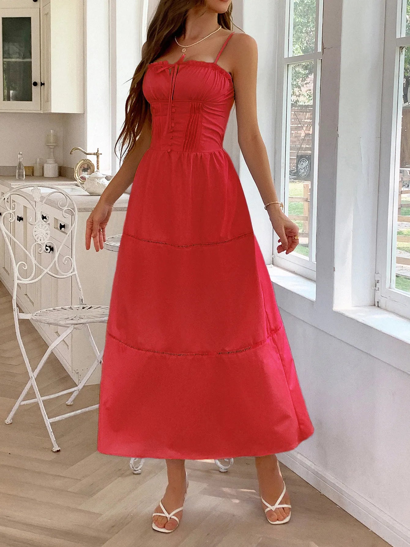 Smocked Back Tie Front Cami Dress red