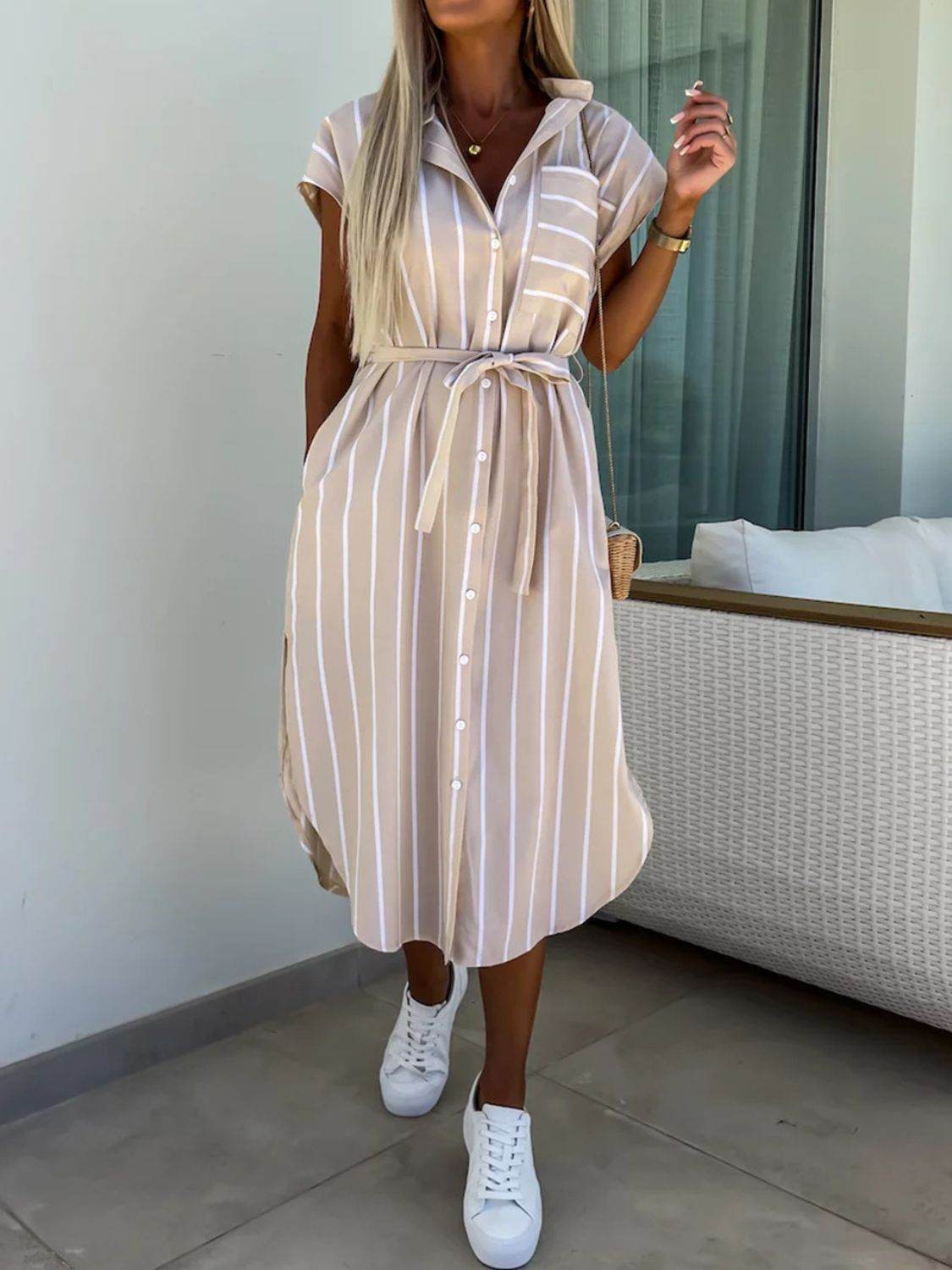 Striped Belted Midi Shirt Dress