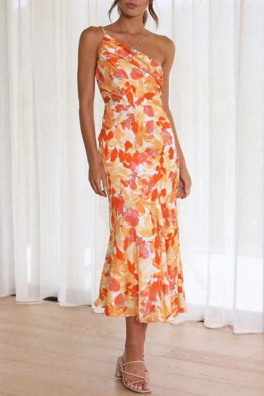 Tangerine Ruched One Shoulder Midi Dress