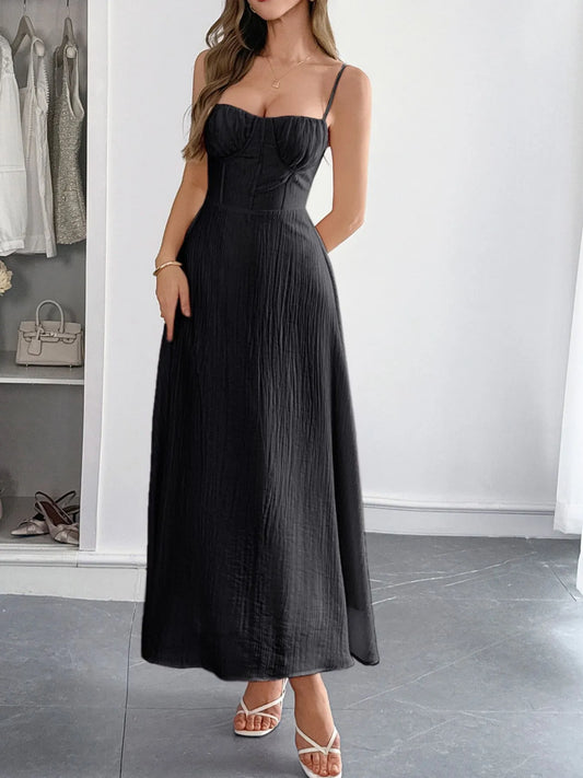 Textured Sweetheart Neck Backless Cami Dress black